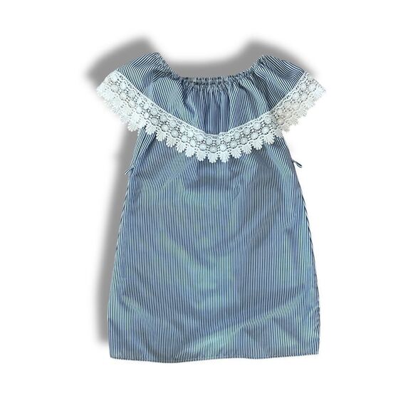 Urbanology Blue Striped Off-Shoulder Sundress with Lace Trim, Medium - Picture 6 of 8